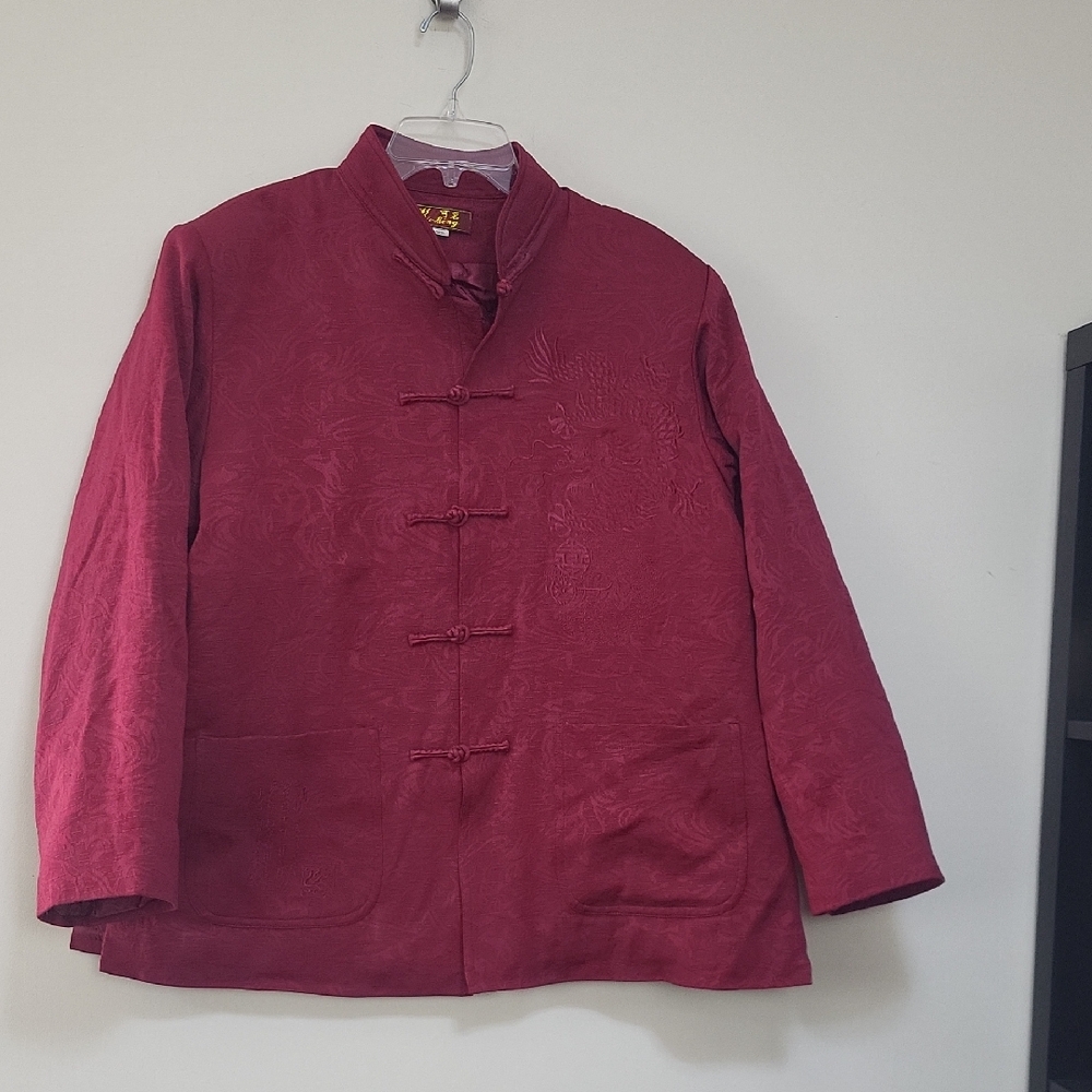 KE MING Chinese Burgundy Red Brocade Frog Closure Quilted Interior Jacket